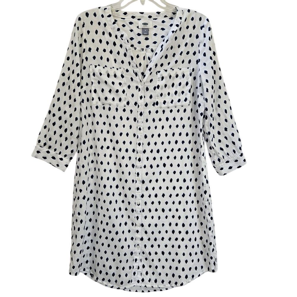 Old Navy Dress M Polka Dot V Neck 3/4 Sleeve Button Pocket Lined Cotton Preppy